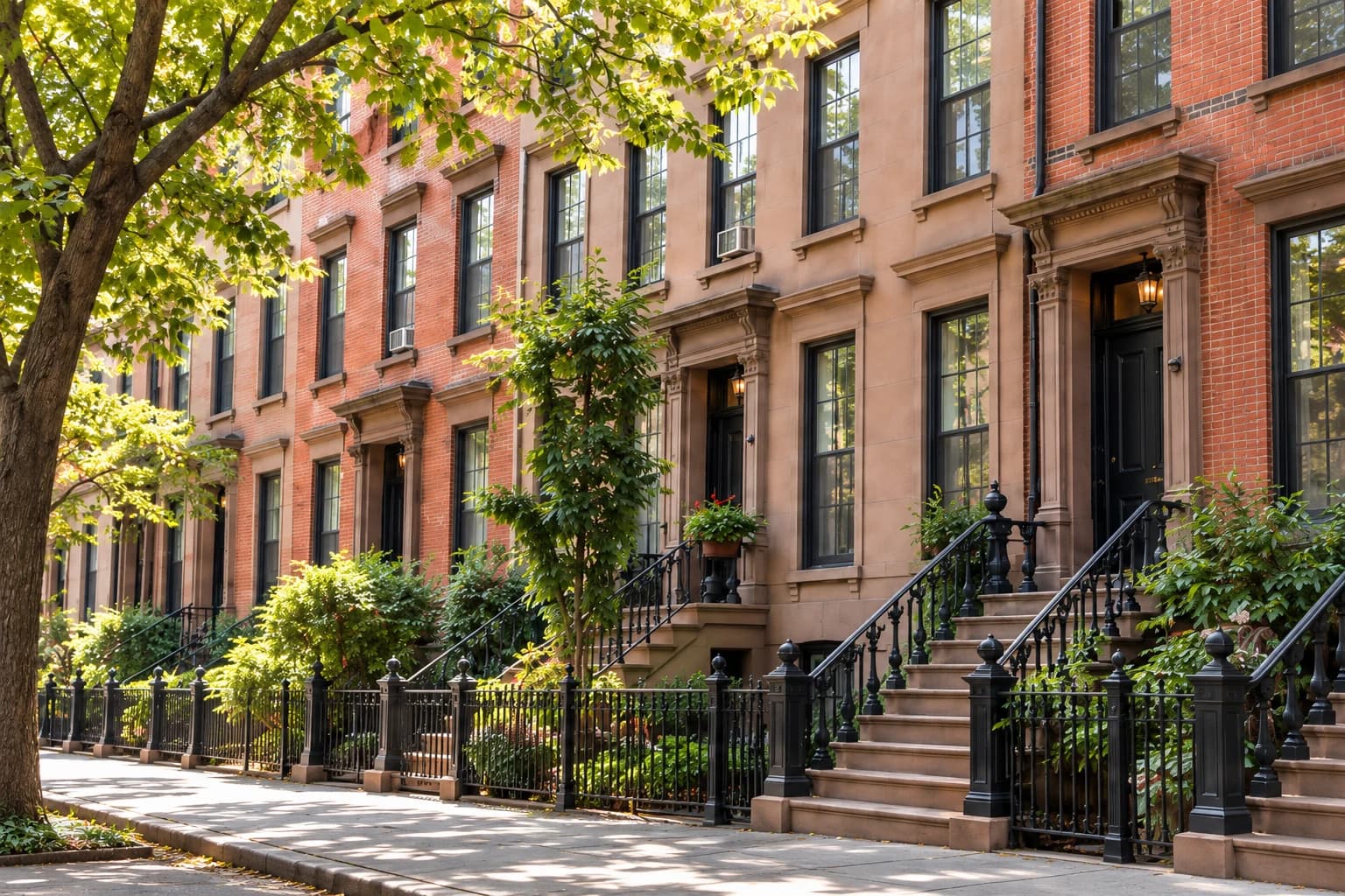Illustrative view of a leafy New York street with brownstone homes